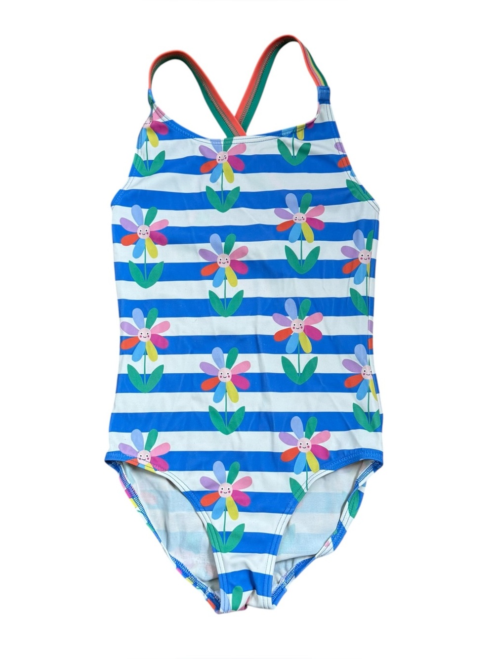 Boden Girls One Piece Swimsuit Size 6-7 Smiley Daisy Flowers Crossback Stripes